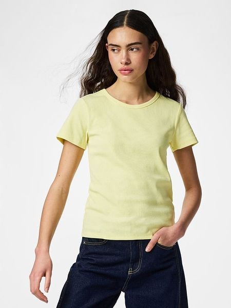 Pieces Koszulka "Pcmay" w kolorze żółtym rozmiar: XL. Żółte bluzki Pieces, xl, bez wzorów, prążkowane, bez kołnierzyka, bez ramiączek. Za 43.95 zł.