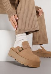 Beżowe Śniegowce na Grubej Podeszwie z Niską Cholewką i Ozdobną Klamerką Vetibela. Brązowe trapery i śniegowce Renee, z jeansu, przed kostkę. Za 119.99 zł.