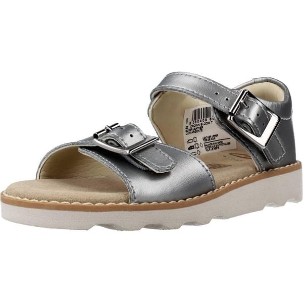 Sandały CLARKS CROWN BLOOM T Srebrny. Szare sandały Clarks, bez wzorów, ze skóry, bez obcasa, bez zapięcia. Za 130.99 zł.
