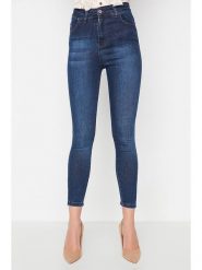 Trendyol Dżinsy - Skinny fit - w kolorze granatowym rozmiar: 34. Niebieskie jeansy Trendyol, bez wzorów, z podwyższonym stanem. Za 39.99 zł.