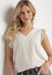 Beżowa Bluzka z Wiskozą i Lnem Ozdobiona Haftem i Falbanami Harivna. Brązowe bluzki Born2be, l, bez wzorów, z jeansu, eleganckie, bez kołnierzyka, bez ramiączek. W wyprzedaży za 76.49 zł.