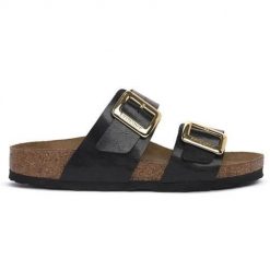 Klapki damskie Birkenstock Sydney. Czarne klapki Birkenstock, bez wzorów, z materiału, bez obcasa. Za 767.00 zł.