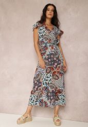 Niebieska Sukienka Hesena. Niebieskie sukienki Renee, na imprezę, na lato, l, bez wzorów, z materiału, boho, bez kołnierzyka, bez ramiączek, midi, kopertowe. Za 34.99 zł.