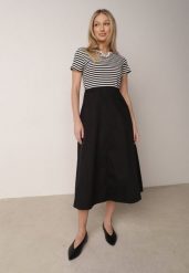 Biało-Czarna Rozkloszowana Sukienka z Bawełny Imitująca Bluzkę w Paski i Spódnicę Chathusa. Białe sukienki Born2be, na co dzień, na lato, l, bez wzorów, z bawełny, casualowe, bez kołnierzyka, bez ramiączek, midi, proste. Za 99.99 zł.