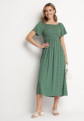 Zielona Sukienka z Bawełny o Rozkloszowanym Kroju w Kropeczki Lisadrisa. Zielone sukienki Born2be, na co dzień, m, bez wzorów, z bawełny, eleganckie, bez kołnierzyka, bez ramiączek, midi, rozkloszowane. Za 49.99 zł.