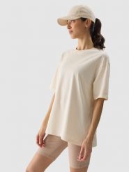 4F T-shirt oversize gładki damski - kremowy L. Brązowe t-shirty 4f, l, bez wzorów, z bawełny, bez kołnierzyka, bez ramiączek. W wyprzedaży za 29.99 zł.