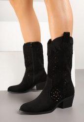 Czarne Ażurowe Botki na Obcasie w Stylu Kowbojek Lissemi. Czarne botki Born2be, na jesień, w ażurowe wzory, z jeansu, bez obcasa, na obcasie, bez zapięcia. Za 129.99 zł.