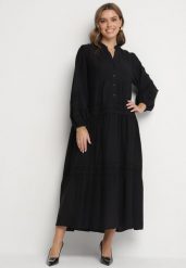 Czarna Rozkloszowana Sukienka z Wiskozy z Koronkowymi Wstawkami Nalanieth. Czarne sukienki Born2be, na co dzień, l, bez wzorów, z koronki, eleganckie, bez kołnierzyka, bez ramiączek, maxi, kopertowe. Za 159.99 zł.