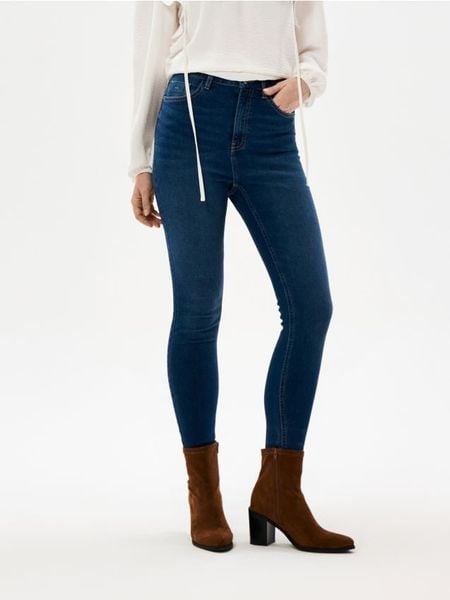 Jeansy skinny high waist - granatowy. Niebieskie jeansy Sinsay, l, bez wzorów, z podwyższonym stanem. Za 45.99 zł.