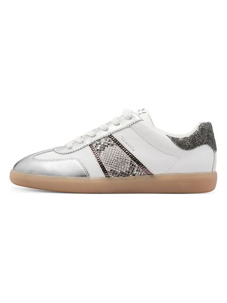 Tamaris Sneakersy w kolorze srebrno-białym rozmiar: 36. Białe trampki Tamaris, bez wzorów, z materiału, bez zapięcia. Za 184.95 zł.