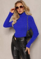 Granatowy Golf z Dzianiny z Długim Włosem i Dodatkiem Wełny Gerdonna. Niebieskie golfy Renee, bez wzorów, z dzianiny, bez ramiączek. Za 59.99 zł.