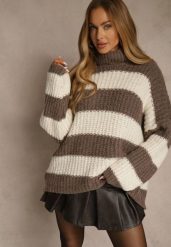 Brązowy Golf z Wiskozą i Wełną Ozdobiony Motywem Pasków Monorra. Brązowe golfy Renee, bez wzorów, z jeansu, bez ramiączek. Za 169.99 zł.