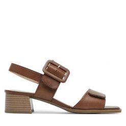Sandały Caprice. Brązowe sandały Caprice, bez wzorów, bez obcasa, na słupku, bez zapięcia. Za 249.99 zł.