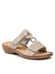 Rieker Klapki 60885-62 Beżowy. Brązowe klapki Rieker, bez wzorów, z materiału, bez obcasa. Za 229.99 zł.