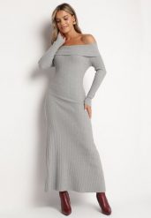Szara Rozkloszowana Sukienka z Wiskozą i Odkrytymi Ramionami Siannela. Szare sukienki Born2be, na co dzień, s, bez wzorów, z jeansu, eleganckie, bez kołnierzyka, bez ramiączek, midi, dopasowane. Za 169.99 zł.