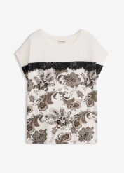 Koszulka oversize z koronkową tasiemką. Białe bluzki bonprix, bez wzorów, z koronki, eleganckie, bez kołnierzyka, bez ramiączek. Za 32.99 zł.