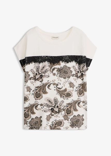 Koszulka oversize z koronkową tasiemką. Białe bluzki bonprix, bez wzorów, z koronki, eleganckie, bez kołnierzyka, bez ramiączek. Za 32.99 zł.