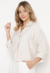 Beżowa Bluzka Wiskozowa Zapinana przy Dekolcie na Guziki z Kołnierzykiem Aserat. Brązowe bluzki Born2be, uniwersalny, bez wzorów, z wiskozy, eleganckie, bez kołnierzyka, bez ramiączek. W wyprzedaży za 84.99 zł.