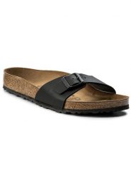 Birkenstock Klapki Madrid 0040791 Czarny. Czarne klapki Birkenstock, bez wzorów, ze skóry, bez obcasa. Za 259.99 zł.
