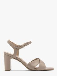 Beżowe sandały na obcasie. Brązowe sandały Ryłko, bez wzorów, ze skóry, bez obcasa, na obcasie, bez zapięcia. W wyprzedaży za 199.99 zł.