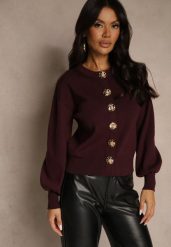 Bordowy Kardigan z Wiskozą Zdobiony Eleganckimi Napami i Bufiastymi Rękawami Acannte. Czerwone kardigany Renee, z aplikacjami, z dzianiny. Za 139.99 zł.