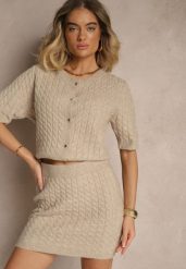 Beżowa Spódnica Sweterkowa z Wełną High Waist Selzeki. Brązowe spódnice Renee, do pracy, bez wzorów, z wełny, biznesowe, mini, koszulowe. Za 89.99 zł.