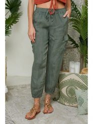 Lin Passion Lniane spodnie w kolorze khaki rozmiar: 36/38. Brązowe spodnie materiałowe Lin Passion, bez wzorów, ze lnu, z standardowym stanem. Za 154.43 zł.