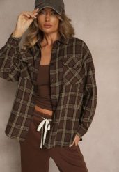 Brązowa Koszula z Bawełny i Wiskozy w Kratę Catilea. Brązowe koszule Renee, m, bez wzorów, z bawełny, boho, bez kołnierzyka, bez ramiączek. Za 99.99 zł.