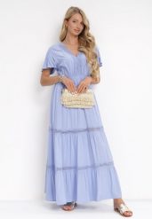 Jasnoniebieska Sukienka Maxi z Gumką w Talii i Koronkowymi Lamówkami Kelbie. Niebieskie sukienki Born2be, l, z aplikacjami, z koronki, bez kołnierzyka, bez ramiączek, maxi, rozkloszowane. Za 74.99 zł.