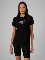 4F T-shirt regular z nadrukiem damski - czarny L. Czarne t-shirty 4f, l, bez wzorów, z bawełny, bez kołnierzyka, bez ramiączek. Za 59.99 zł.