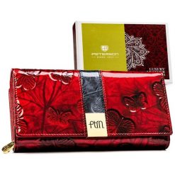 Elegancki portfel damski ze skóry naturalnej w czerwonym kolorze, zamykany zatrzaskiem - Peterson. Czerwone portfele Peterson, bez wzorów, z lakierowanej skóry. Za 174.99 zł.