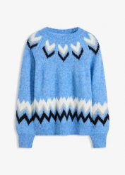 Sweter w norweski wzór, z zygzakowatymi paskami. Niebieskie swetry bonprix, bez wzorów, bez ramiączek. Za 139.99 zł.