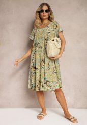 Żółta Sukienka Boho z Wiskozy z Cienkim Paskiem w Talii Rivasea. Żółte sukienki Renee, bez wzorów, z wiskozy, boho, bez kołnierzyka, bez ramiączek, midi, rozkloszowane. Za 49.99 zł.