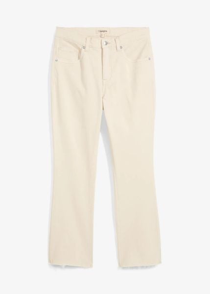 Jeansy flared, high waist, cropped. Niebieskie jeansy bonprix, bez wzorów, z podwyższonym stanem. Za 129.99 zł.