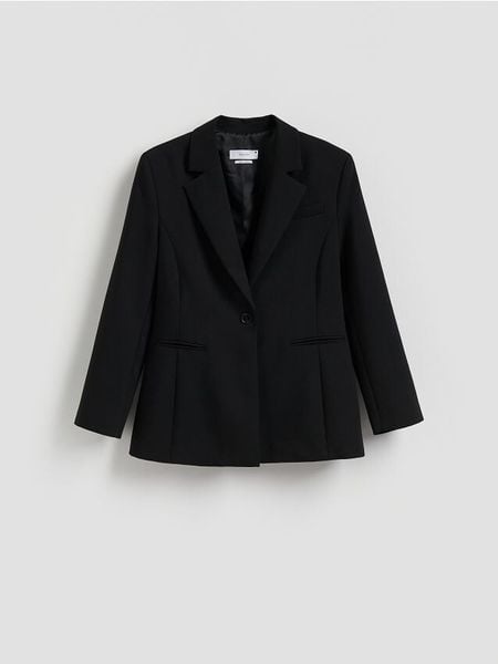 Jednorzędowa marynarka - czarny. Czarne marynarki i żakiety Reserved, l, bez wzorów, z tkaniny. W wyprzedaży za 179.99 zł.