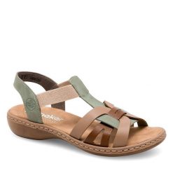Sandały Rieker. Zielone sandały Rieker, bez wzorów, bez obcasa, na płaskiej podeszwie, bez zapięcia. Za 229.99 zł.