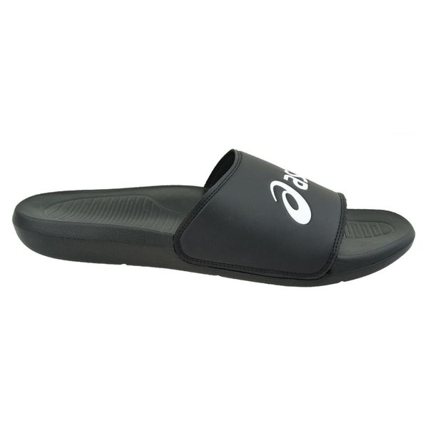Klapki Z Logo Dla Dorosłych Unisex. Czarne klapki Asics, bez wzorów, z materiału, z otwartym noskiem, bez obcasa, na obcasie. Za 130.99 zł.