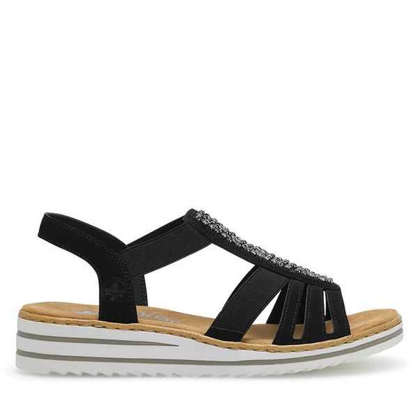 Sandały Rieker. Czarne sandały Rieker, bez wzorów, bez obcasa, na płaskiej podeszwie, bez zapięcia. Za 299.99 zł.