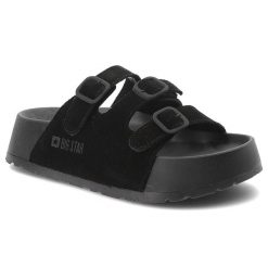 Klapki damskie Big Star, cholewka z materiału tekstylnego z dwoma regulowanymi paskami i sprzączkami, czarne, TT274531. Czarne klapki Big Star, bez wzorów, bez obcasa. Za 197.90 zł.