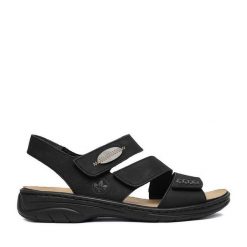 Sandały Rieker. Czarne sandały Rieker, bez wzorów, bez obcasa, na płaskiej podeszwie, bez zapięcia. Za 319.99 zł.
