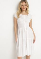 Biała Bawełniana Rozkloszowana Sukienka z Guzikami i Bufiastymi Rękawami Annivi. Białe sukienki Born2be, na co dzień, l, bez wzorów, z bawełny, eleganckie, bez kołnierzyka, bez ramiączek, midi, rozkloszowane. Za 39.99 zł.