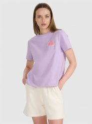 4F T-shirt oversize z nadrukiem damski - fioletowy L. Fioletowe t-shirty 4f, l, bez wzorów, z bawełny, bez kołnierzyka, bez ramiączek. W wyprzedaży za 39.99 zł.