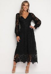 Czarna Sukienka Koronkowa o Rozkloszowanym Kroju w Stylu Retro Lerilis. Czarne sukienki Born2be, na imprezę, m, bez wzorów, z koronki, eleganckie, bez kołnierzyka, bez ramiączek, midi, rozkloszowane. W wyprzedaży za 209.99 zł.