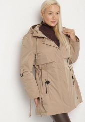 Beżowa Kurtka Typu Parka z Kapturem i Podpinanymi Rękawami Falunea. Brązowe kurtki sportowe Born2be, plus size, bez wzorów, z jeansu, z kapturem, trekkingowe. Za 219.99 zł.