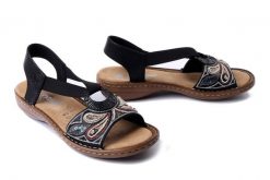 RIEKER 608B4-00 black, sandały damskie. Czarne sandały Rieker, bez wzorów, z gumy, bez obcasa, bez zapięcia. Za 299.90 zł.