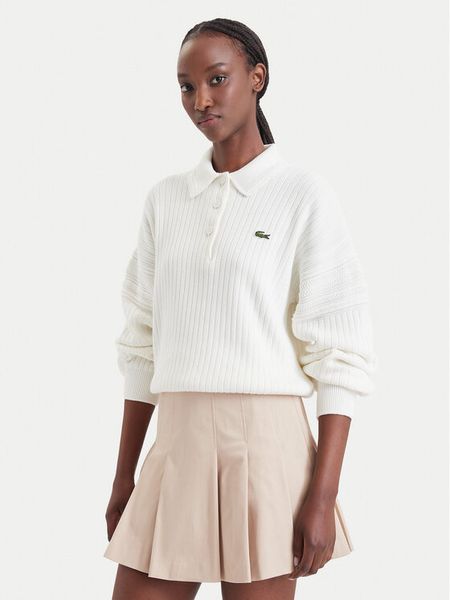 Lacoste Sweter AF8272 Kremowy Regular Fit. Białe swetry Lacoste, bez wzorów, z bawełny, bez ramiączek. Za 949.99 zł.