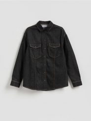 Jeansowa koszula oversize - szary. Szare koszule Reserved, l, bez wzorów, z denimu, bez kołnierzyka, bez ramiączek. Za 139.99 zł.