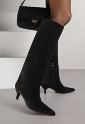 Czarne Eleganckie Kozaki do Kolana na Obcasie Typu Kaczuszka Tesaira. Czarne kozaki Born2be, z jeansu, bez obcasa, na obcasie, bez zapięcia. Za 189.99 zł.