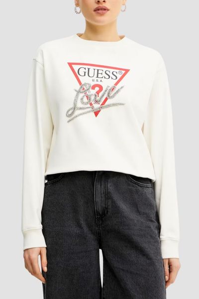 GUESS Biała bluza damska Love, Rozmiar XS. Białe bluzy Guess, s, z aplikacjami, bez kaptura. W wyprzedaży za 275.99 zł.