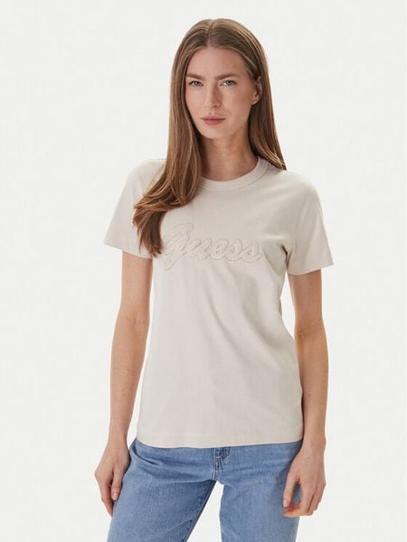 Guess T-Shirt W6GI08 K3023 Beżowy Regular Fit. Brązowe t-shirty Guess, xs, z aplikacjami, z bawełny, bez kołnierzyka, bez ramiączek. Za 121.99 zł.